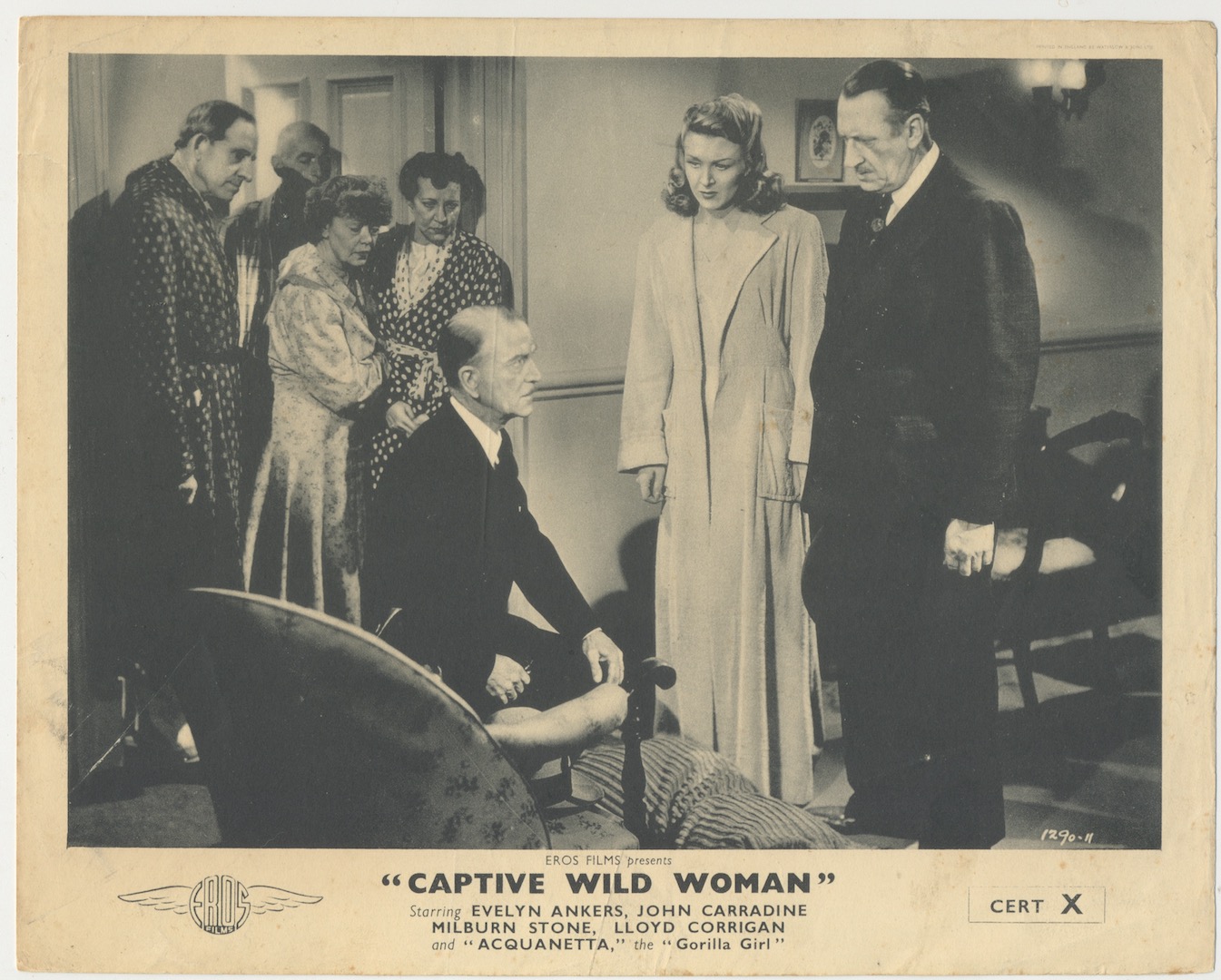 CAPTIVE WILD WOMAN. Lobby card. Eros Films, 1943. John Carradine, Evelyn Ankers.