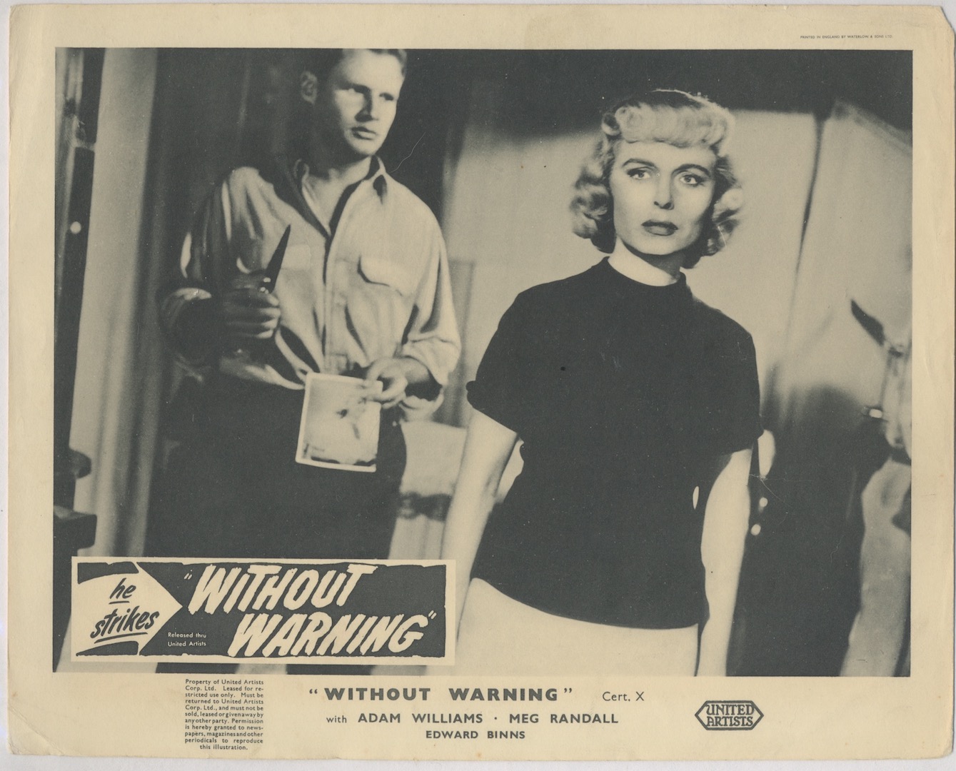 WITHOUT WARNING. United Artists, 1952. Staring. Adam Williams, Meg Randall.Film noir crime drama. Serial killer kills blonds, with garden shears.