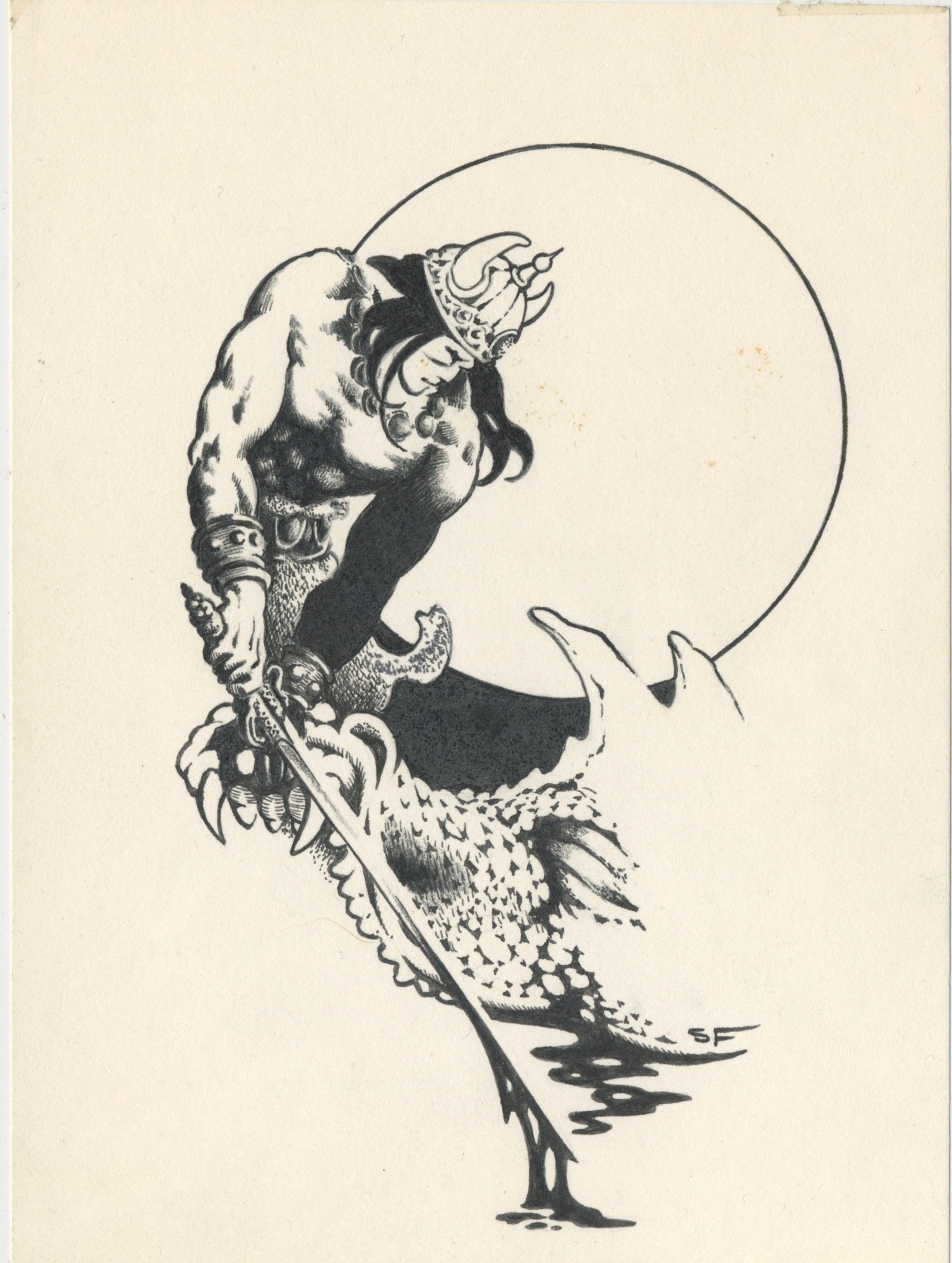 WARRIOR AND DRAGON. Original interior art. CROSS PLAINS MAGAZINE. Reg. $375. Sale $350