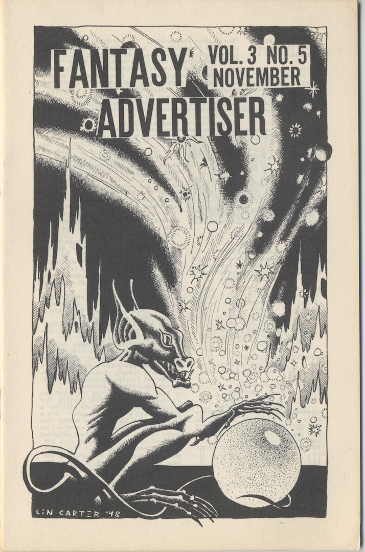 FANTASY ADVERTISER. November, 1949. Cover by Lin Carter, and an article by Carter on Clark Ashton Smith: The Emperor of Dreams.
