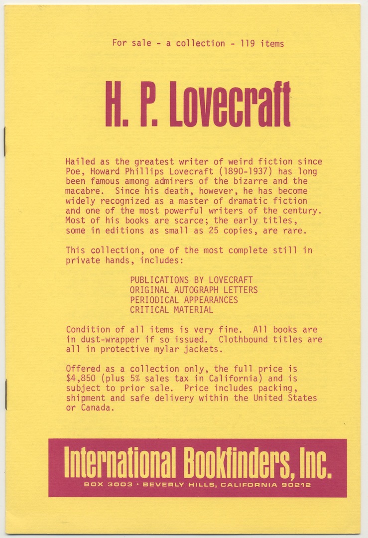 H.P. LOVECRAFT: FOR SALEA COLLECTION119 ITEMS. The Phil Garland collection, with annotations by Roy A. Squires.