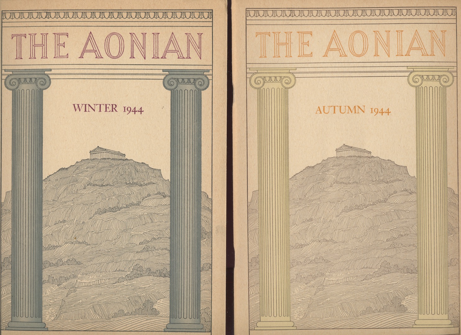 THE AONIAN. 2-issues, Autumn & Winter, 1944. Features HPL's, LOOKING BACKWARD.